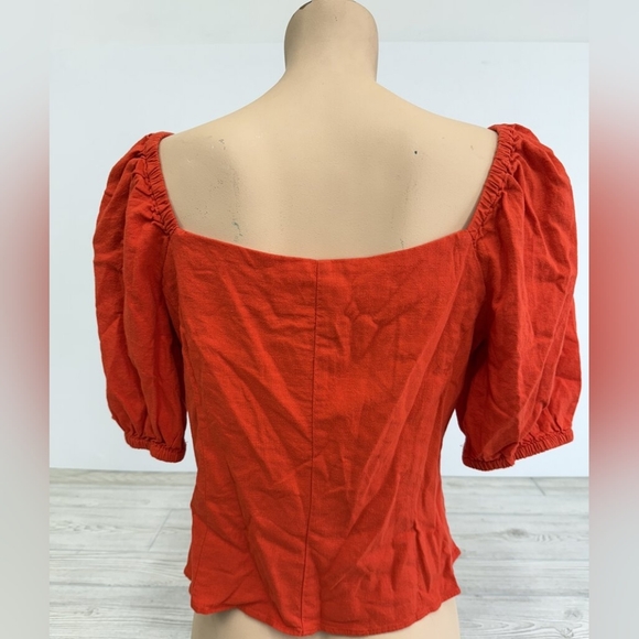 H&M Vibrant Orange Linen Blend Puff Short Sleeve Top Blouse- S - Picture 4 of 12